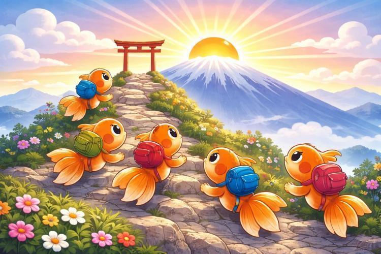 早朝絵日記（TITLE）金魚達の来光参拝